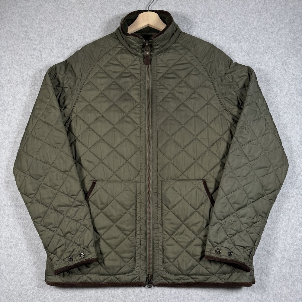 VTG Polo Ralph Lauren Quilted Jacket Mens Large Olive Green Leather Trim Coat